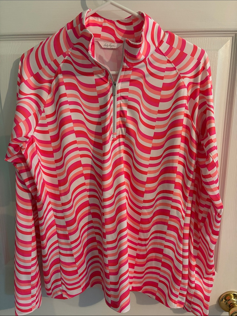 Lady Hagen Pink, White & Coral Wave-Print Half-Zip Pullover